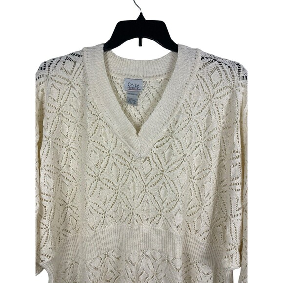 VTG Only Necessities Cream Open Knit Short Sleeve V-neck Beachy Sweater 2x - Picture 2 of 12